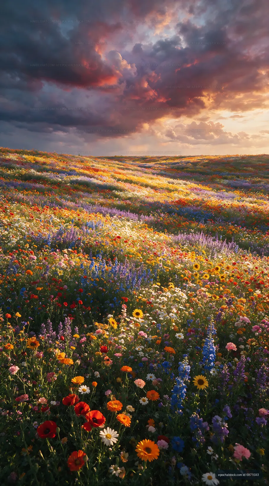 Colorful wildflower field under a dramatic sky during sunset