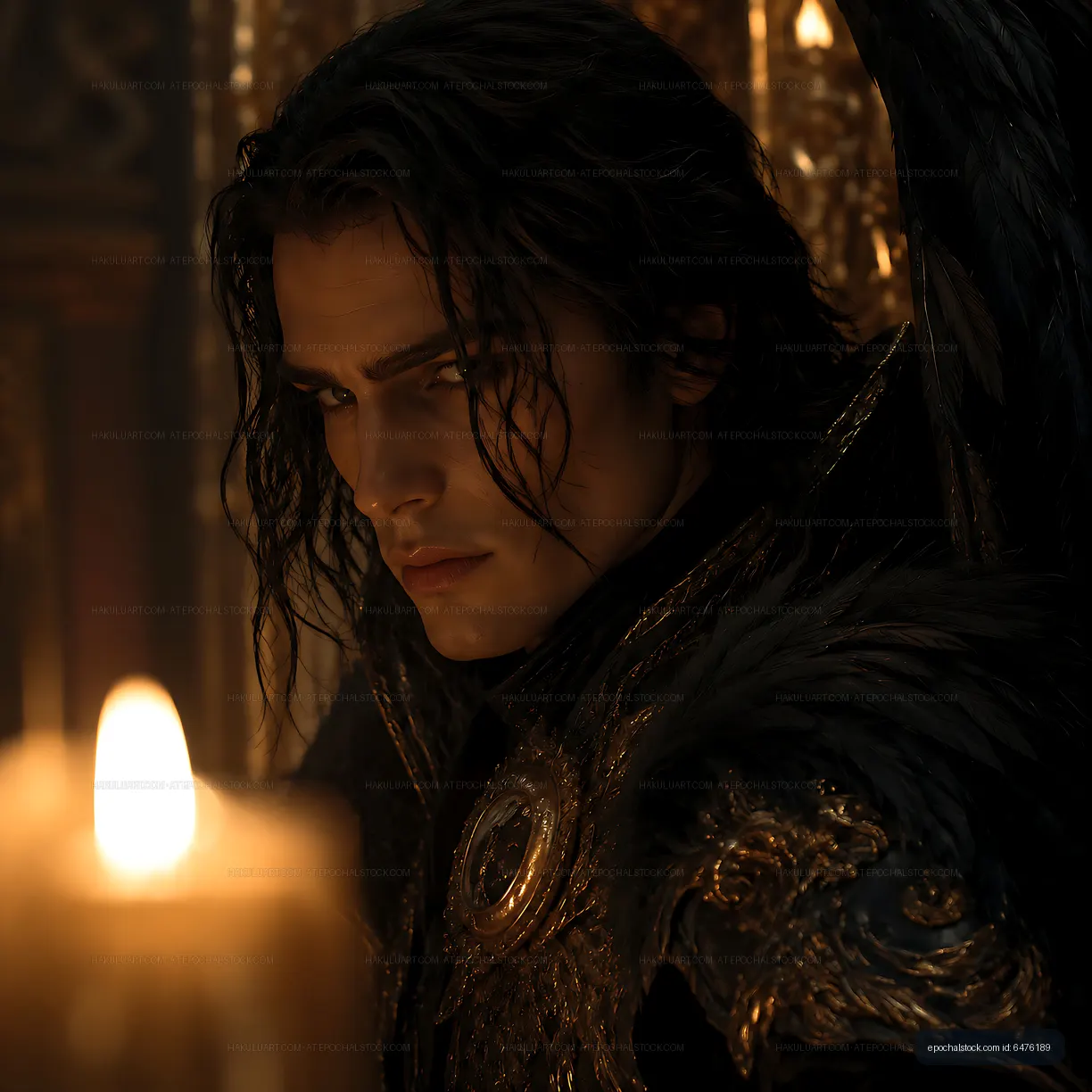 Person in dark attire with a candle in a dramatic setting