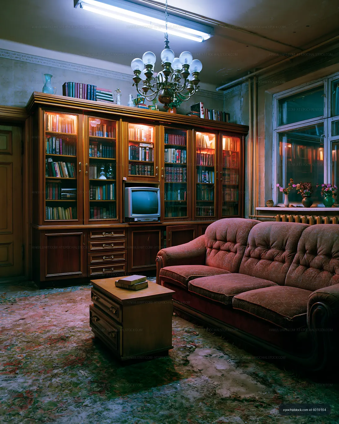 Cozy room with a couch, bookshelves, and a vintage television