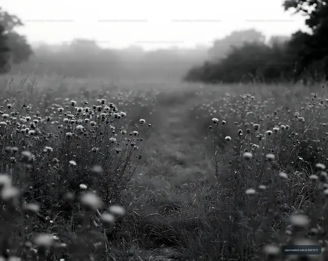 Flower field path on a foggy morning in black and white