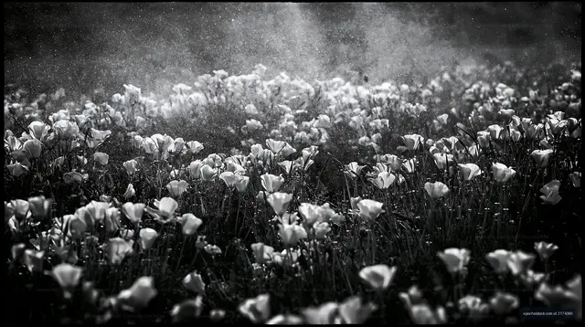 Field of flowers in black and white with light and mist