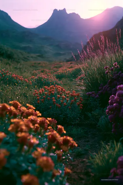 Vibrant flowers in valley with mountains during sunset