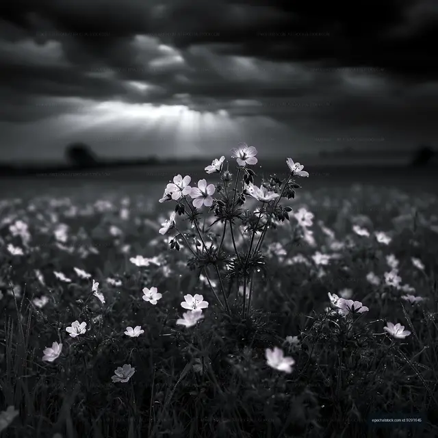 Flowers in a field under dark clouds with light rays