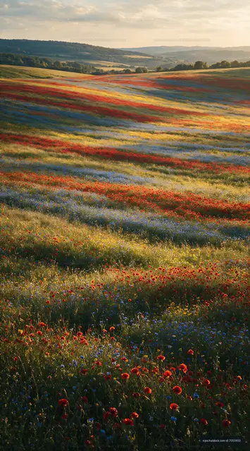 Colorful flower field in spring afternoon light