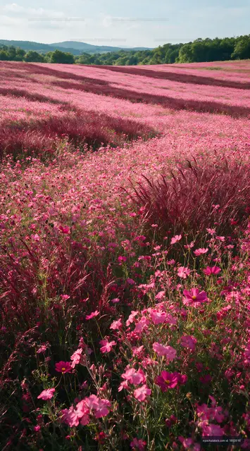 Vast field of pink wildflowers in sunny weather