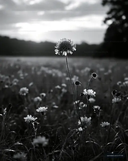 Black and white flowers in a field at sunset