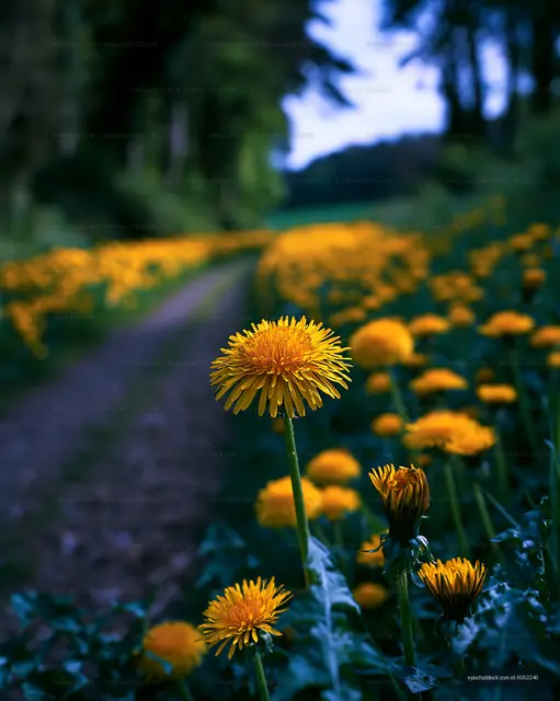 Bright yellow dandelions bloom along a dirt path in the forest