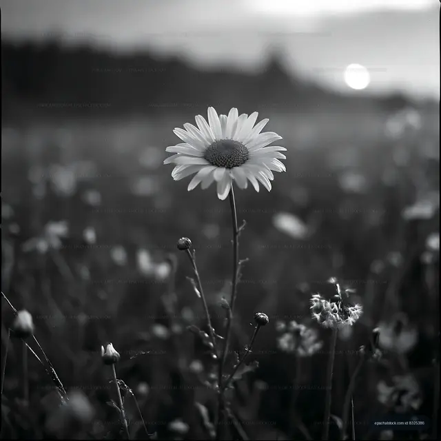 Daisy standing alone in a field during sunset