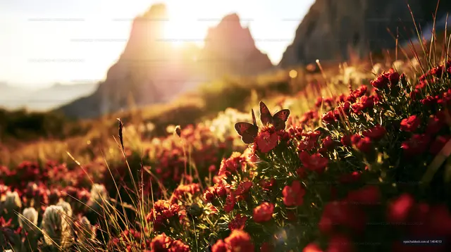 Butterfly on red flowers with mountains and sunset in background