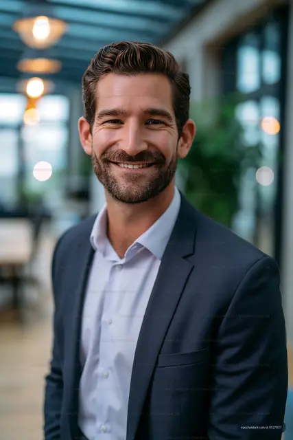 Businessman smiling in office setting with modern design