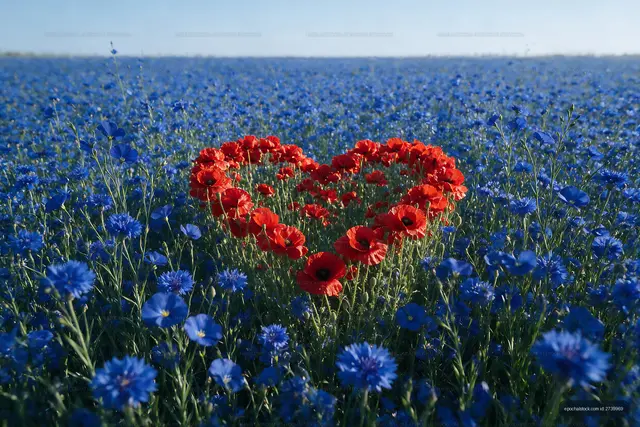 Red flowers arranged in a heart shape among blue flowers in a field