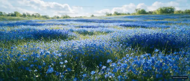 Flowers bloom in a vast blue field during daylight hours