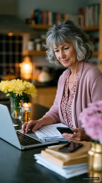 Woman working on laptop at home with flowers on table