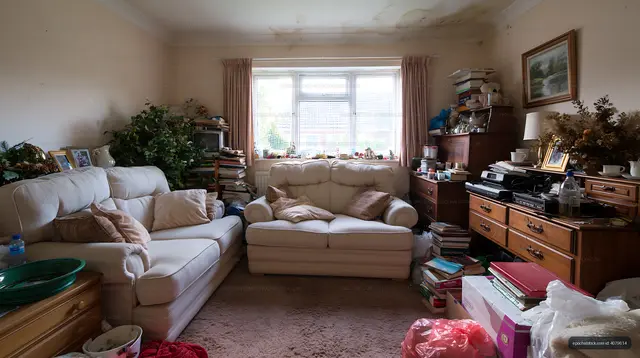 Living room clutter with white sofas and many items