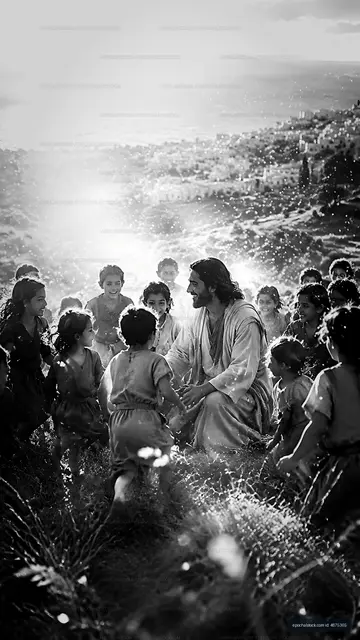 Children gathering around a man in white robes in a field