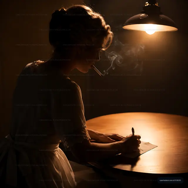 Woman writing at a table with a cigarette in low light