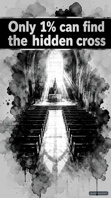 Hidden cross challenge in a church with sunlight and pews