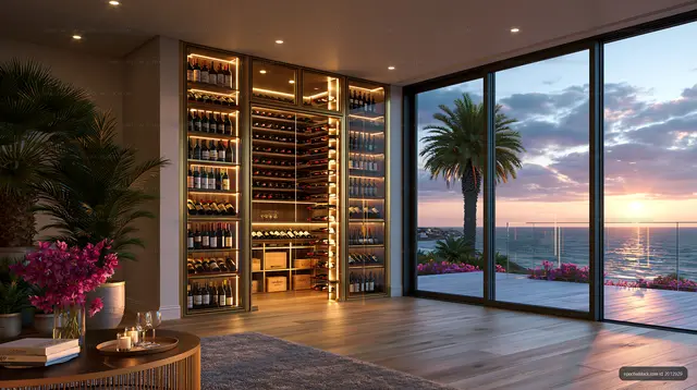 Modern wine cellar with sunset view over the ocean