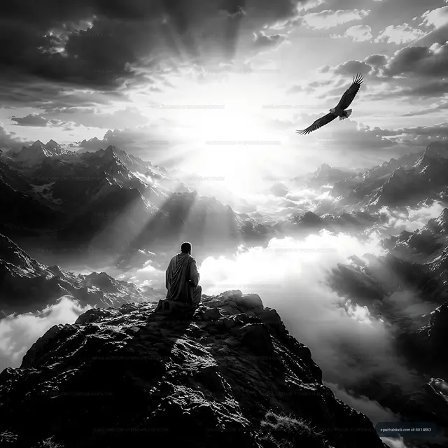 Person sitting on rock with eagle flying above mountains