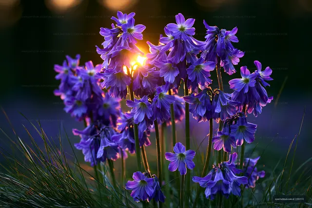 Purple flowers bloom at sunset in a forest clearing