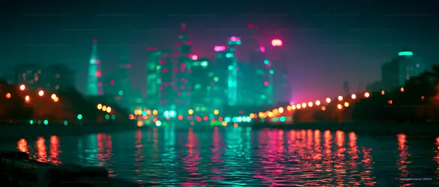 City skyline at night with buildings and colorful lights