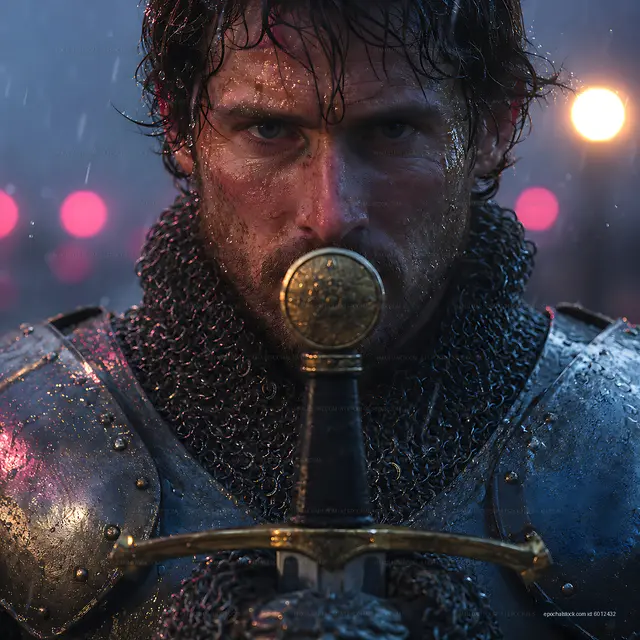 Warrior holding sword in the rain at night