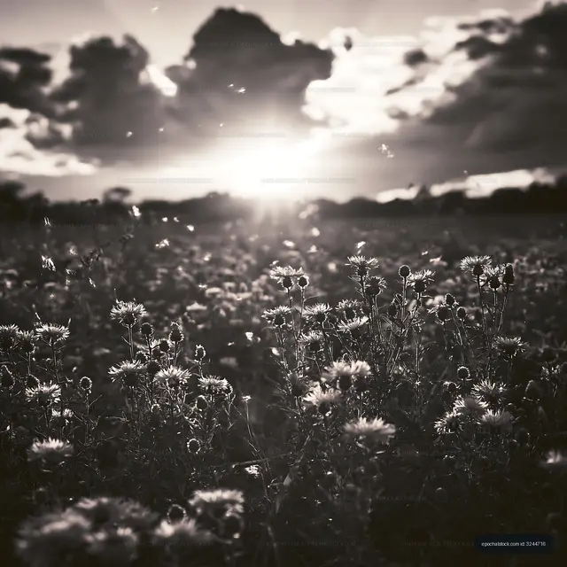 Sunset over wildflower field with clouds in the sky
