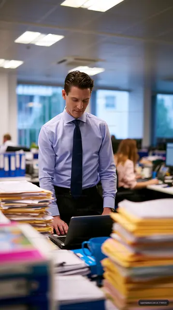 Businessman working in a busy office environment with paperwork