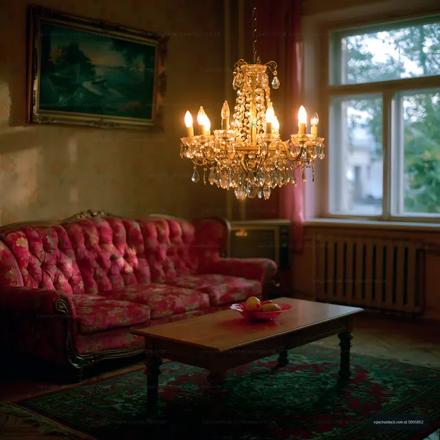 Cozy room with chandelier and vintage decor in soft lighting