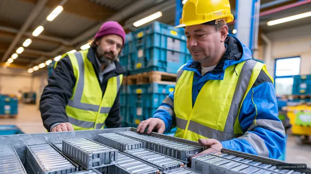Workers checking inventory in a warehouse with safety gear