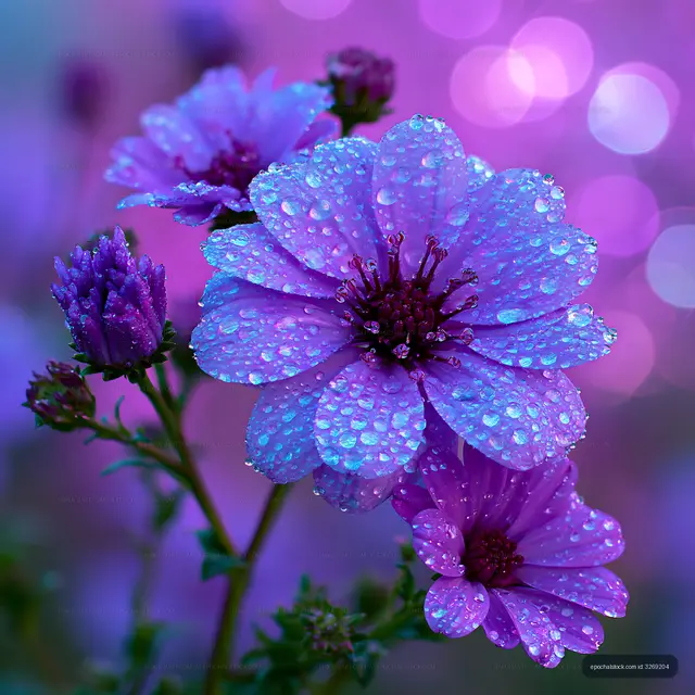 Purple flowers with water droplets in soft bokeh background