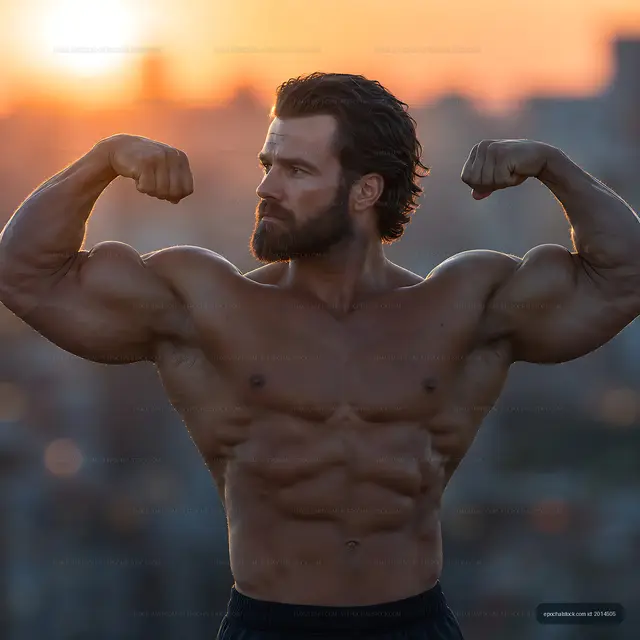 Muscular man flexing his arms against sunset skyline