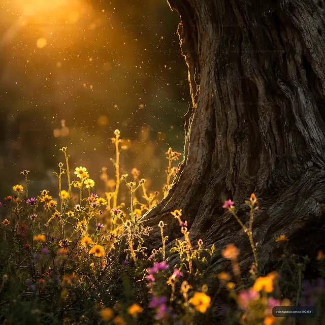 Sunlight filtering through trees over flowering ground in nature