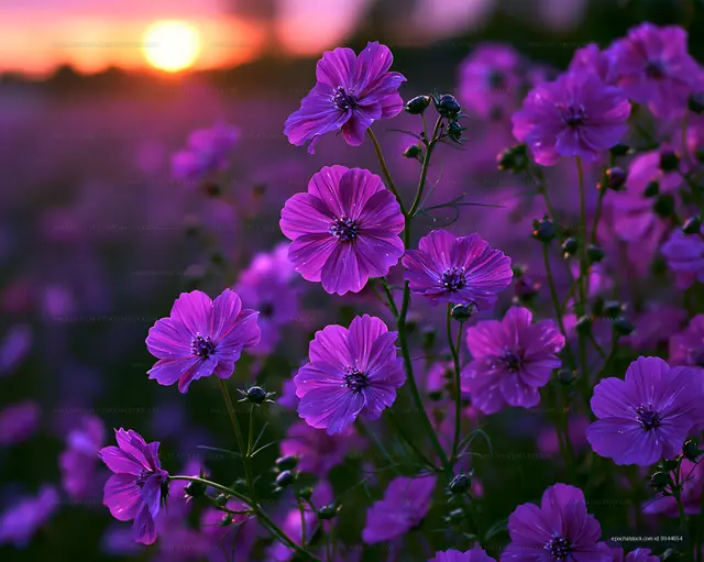 Violet flowers blooming in a field during sunset