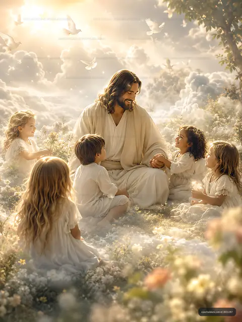 Jesus with children in a serene setting surrounded by nature