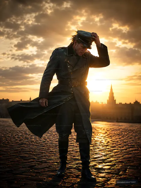 Soldier in coat stands on cobblestone street at sunset