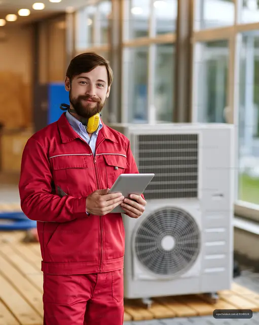 Technician using tablet near air conditioning unit indoors