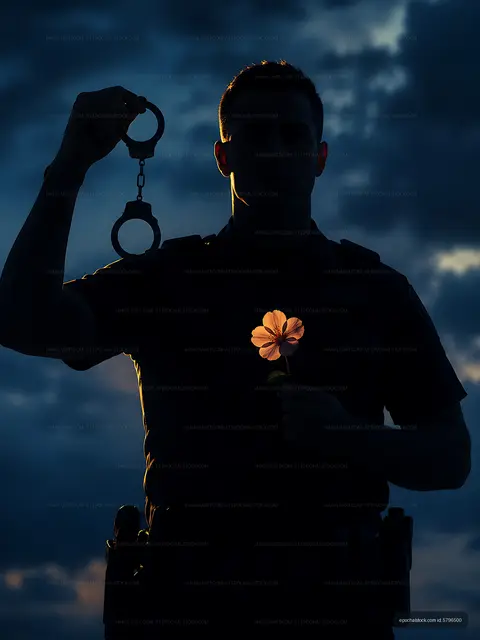 Police officer holding handcuffs and a flower against dark sky