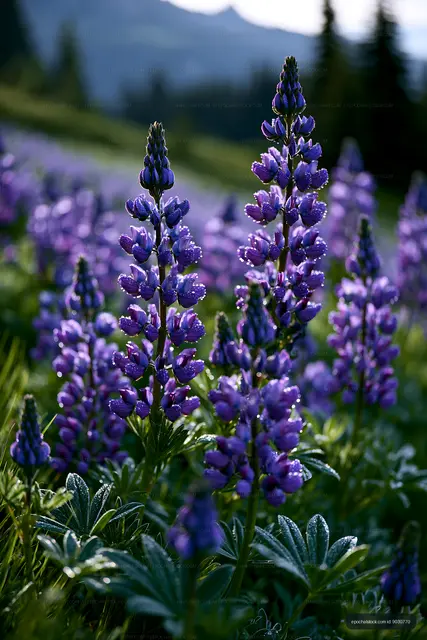 Lupine flowers bloom in a field on a sunny day