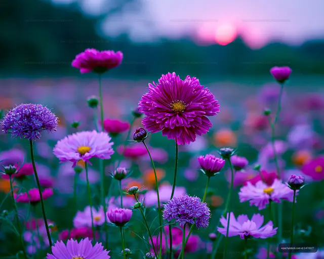 Colorful flower field at sunset with various blooms