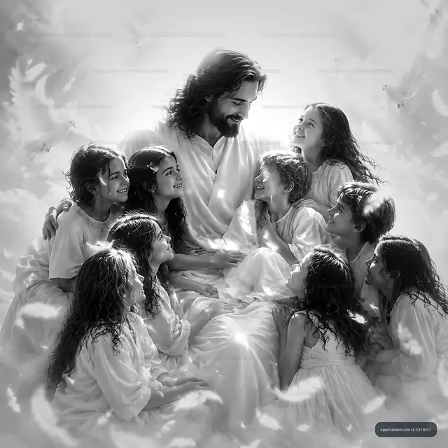 Community of children gathered around a figure in white clothing