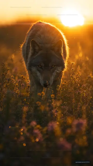 Wolf walking through flowers at sunset