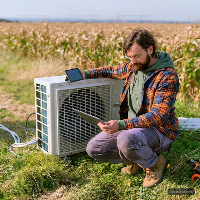 Man checking data on tablet by outdoor air conditioning unit