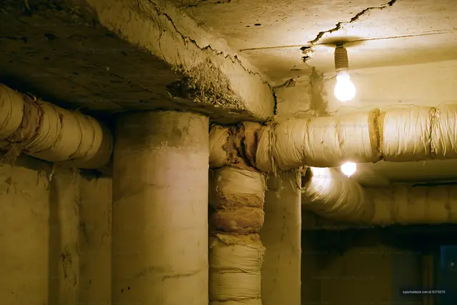 Old industrial basement with exposed pipes and lights