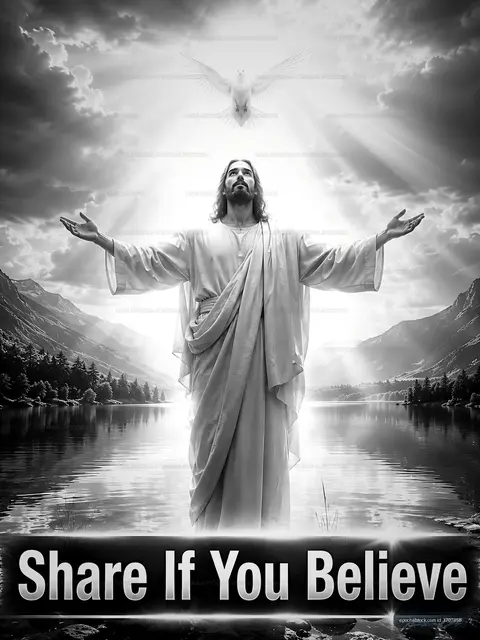 Jesus with open arms above a lake with a dove in the sky