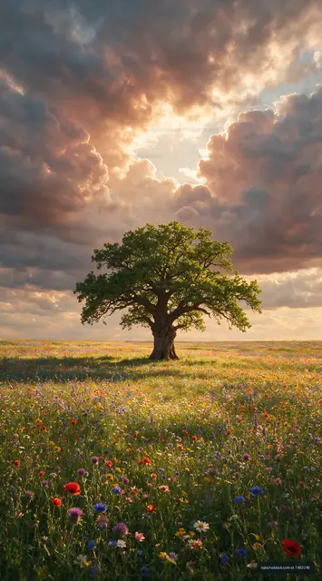 Tree in a field with flowers under cloudy sky at sunset