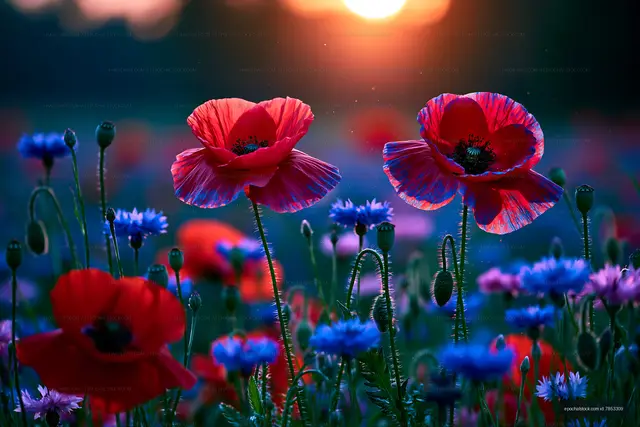 Colorful wildflowers in a field during sunset