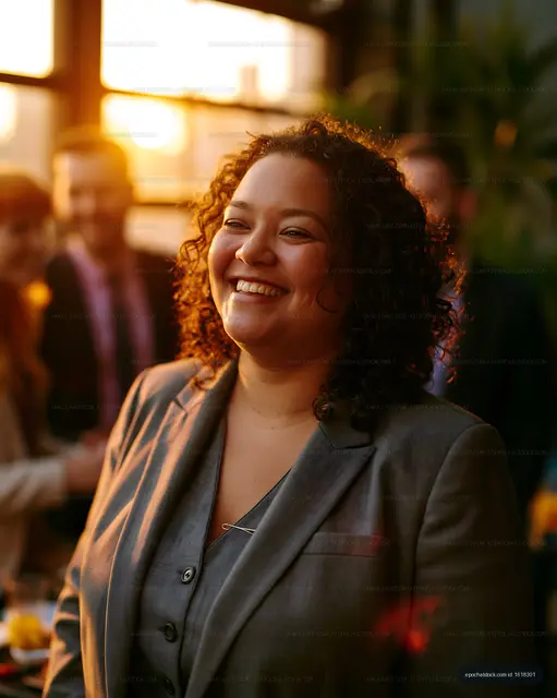 Woman smiling at business event during sunset