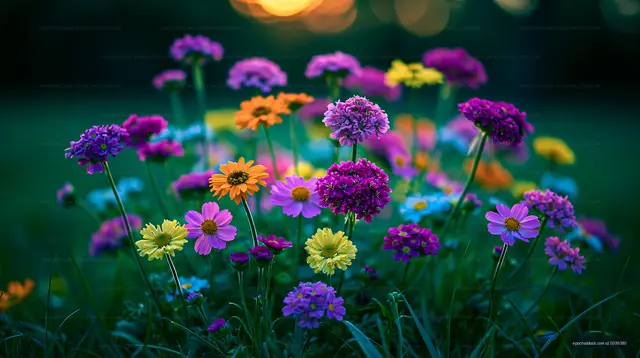 Colorful flowers blooming in a garden during sunset