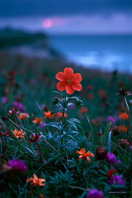 Bright orange flower among green grass by the sea at sunset